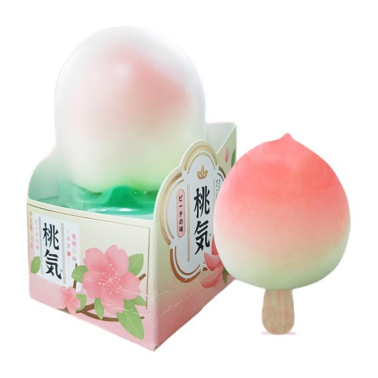 RD International Market peach-shaped ice cream bar with pink and white gradient and wooden stick