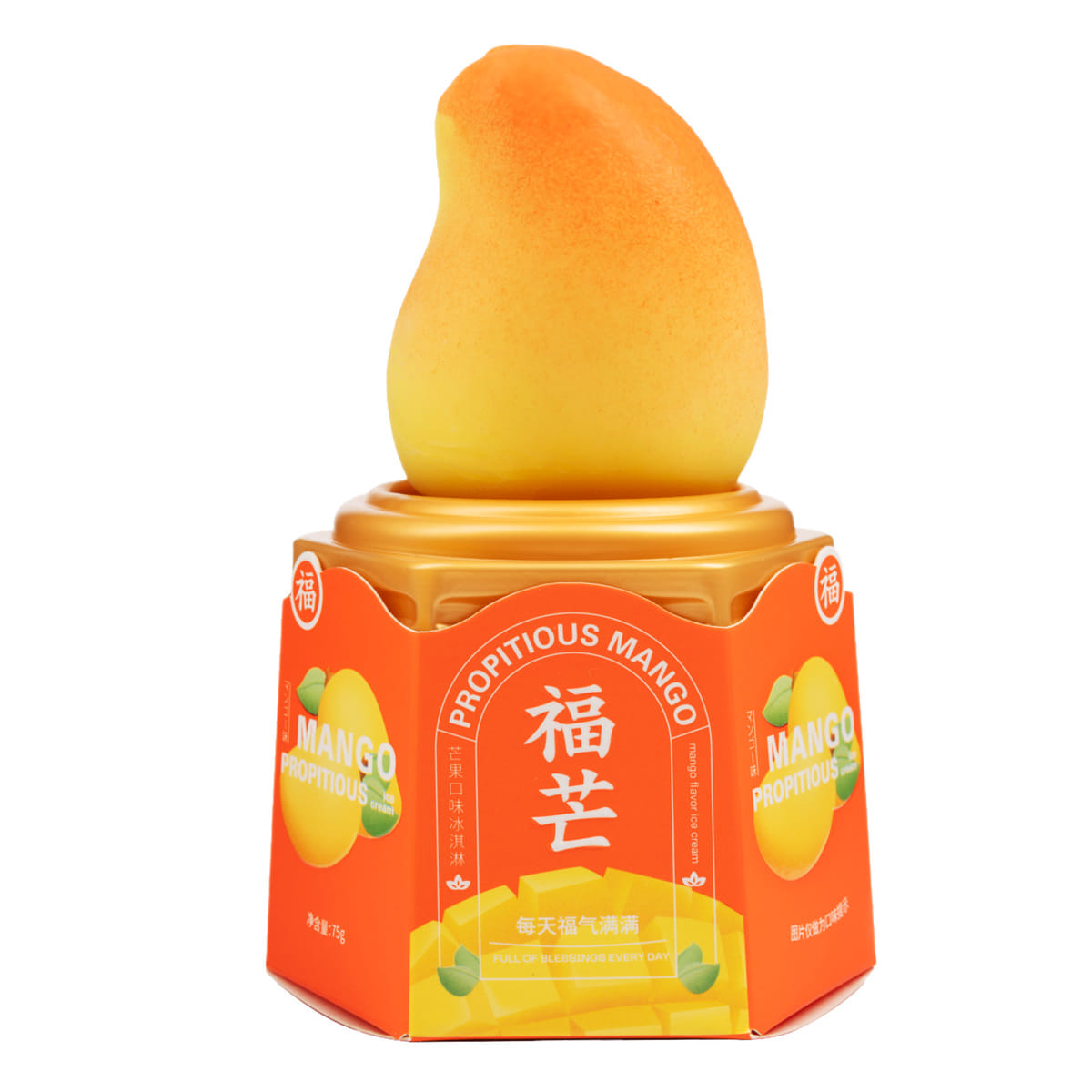 RD International Market Propitious Mango scented candle shaped like a mango with orange packaging