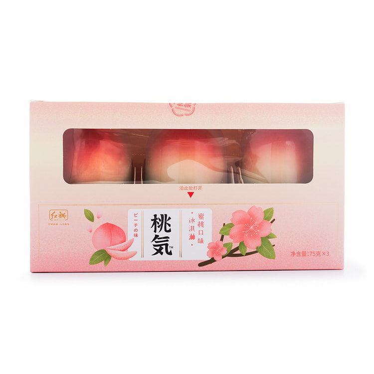RD International Market peach-shaped mochi dessert box with floral design and clear window